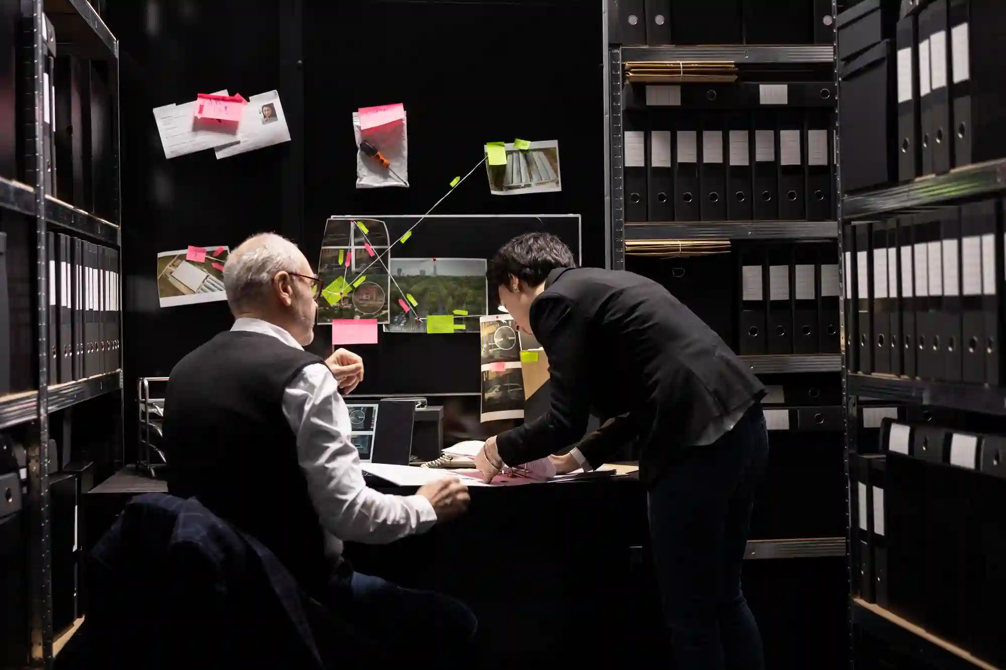 Two investigators review documents and evidence in a dark room with shelves of files.
