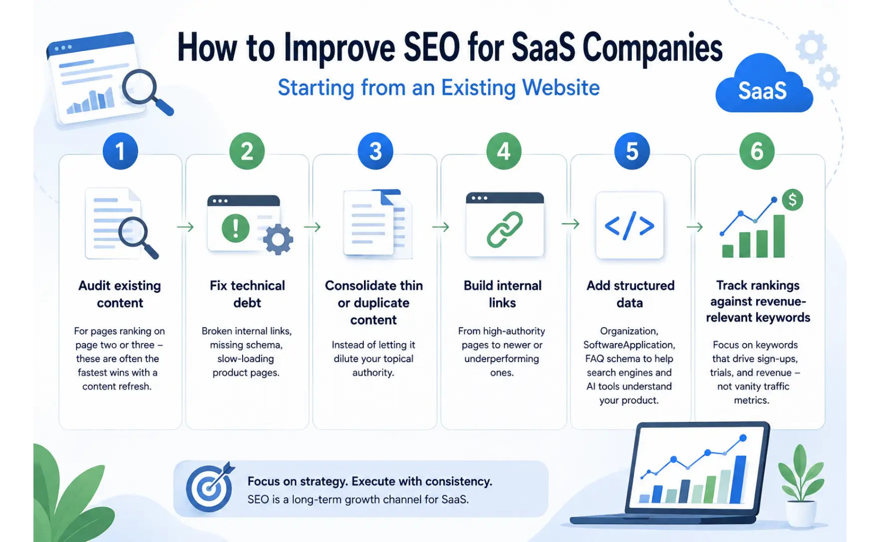 Infographic outlining 6 steps to improve SEO for SaaS companies from an existing website