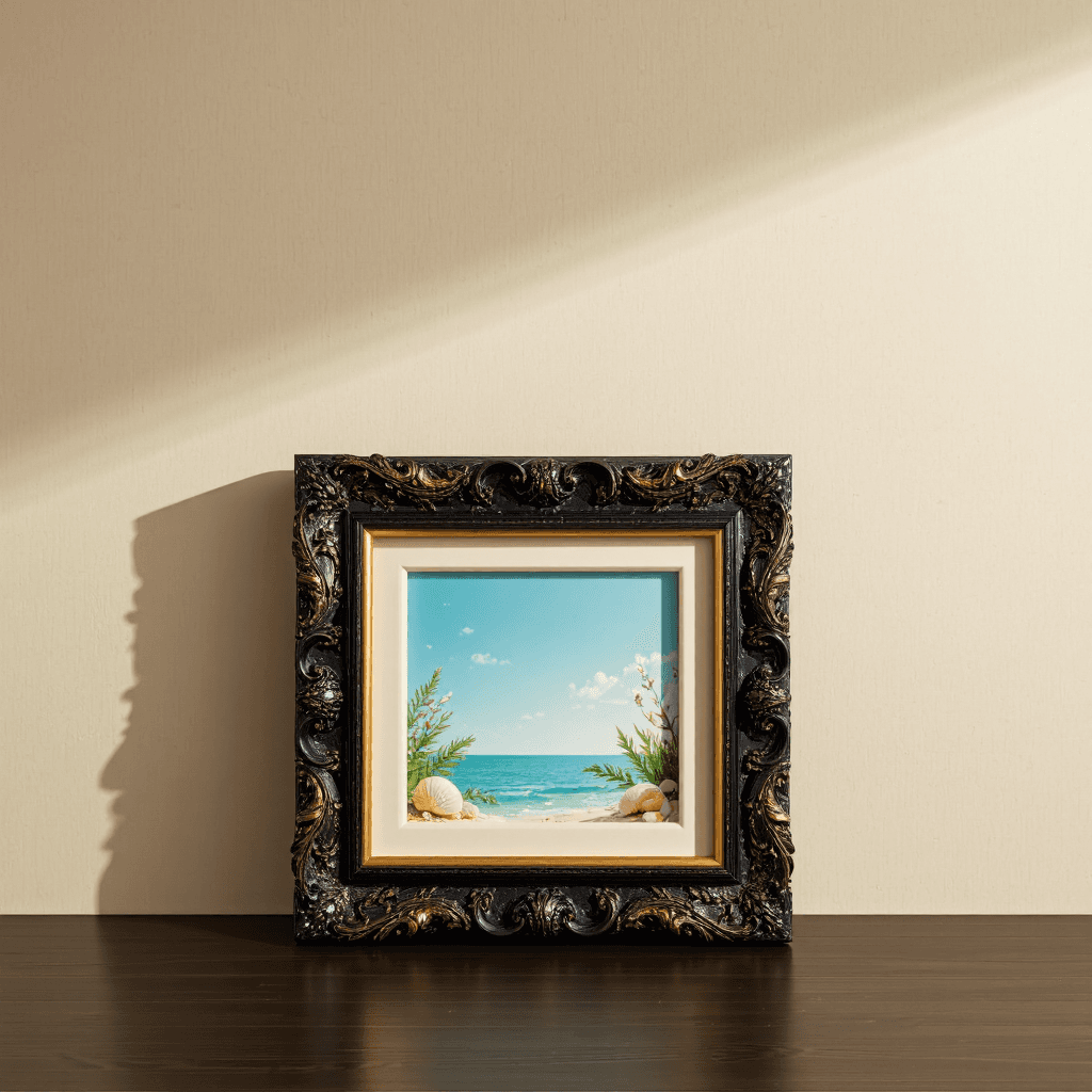 product photography of a decorative frame with a beach-themed design