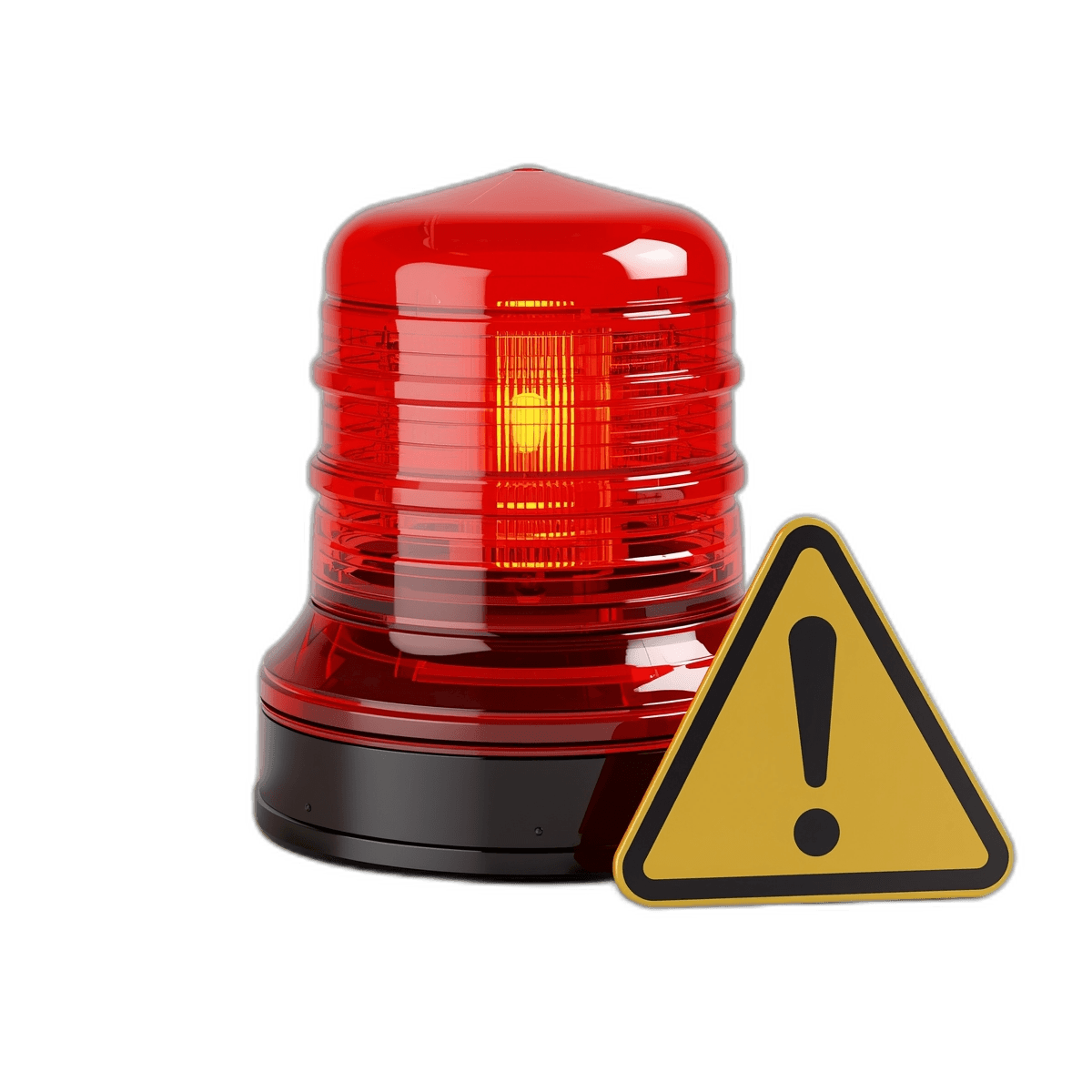 Red emergency warning light with yellow caution triangle symbol on black background