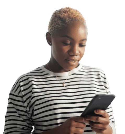 A woman of color using a mobile phone to communicate with the employer.