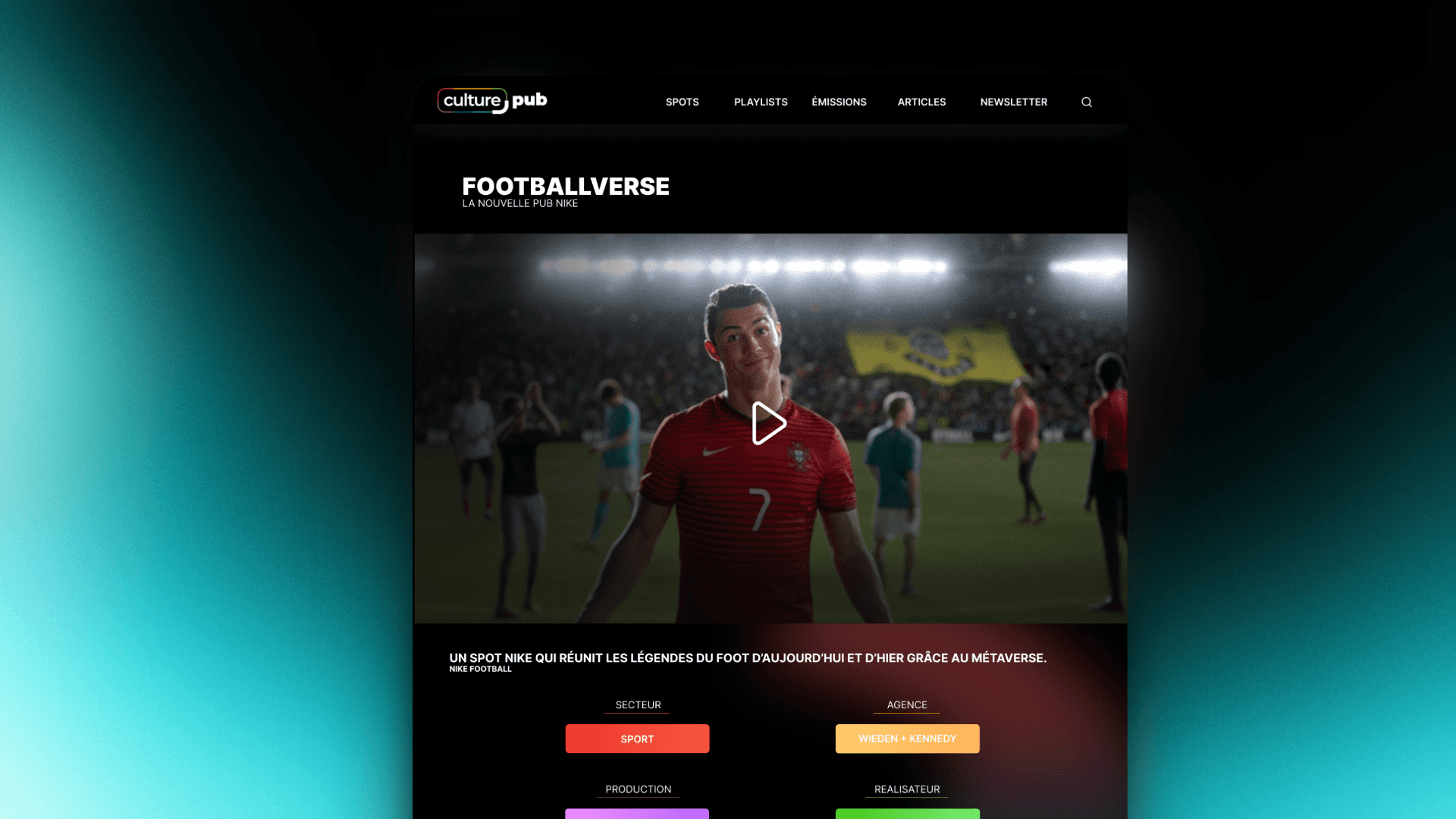 Interface de lecture vidéo de Culture Pub mettant en avant un contenu football sans publicité.
