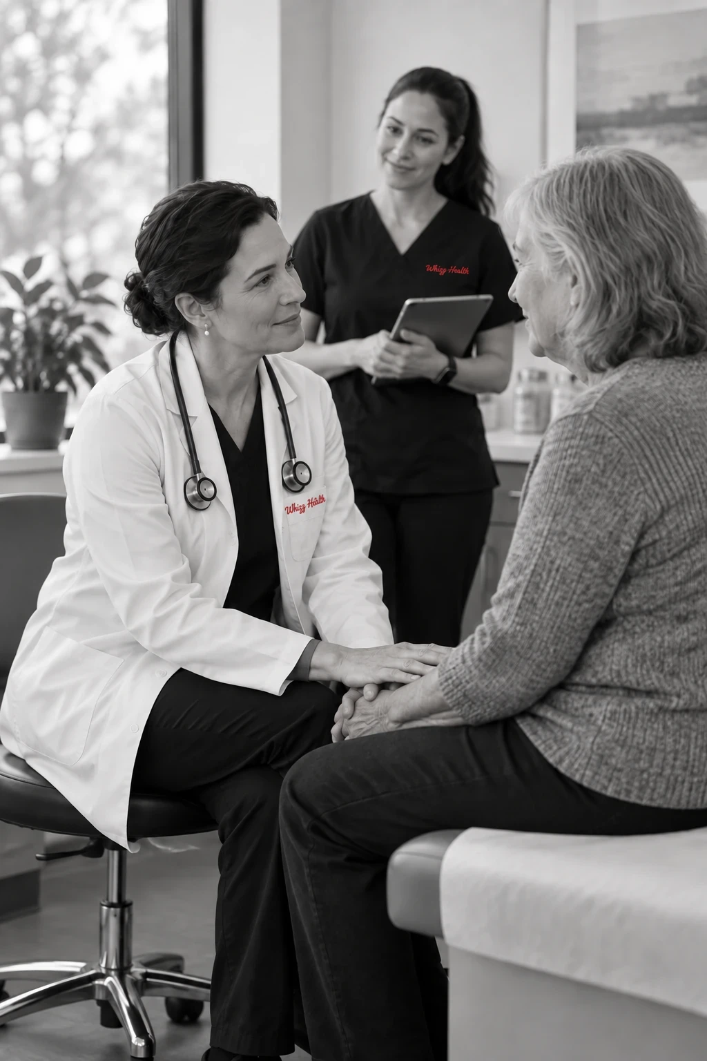 Physician listening closely to an older patient, with a research coordinator nearby