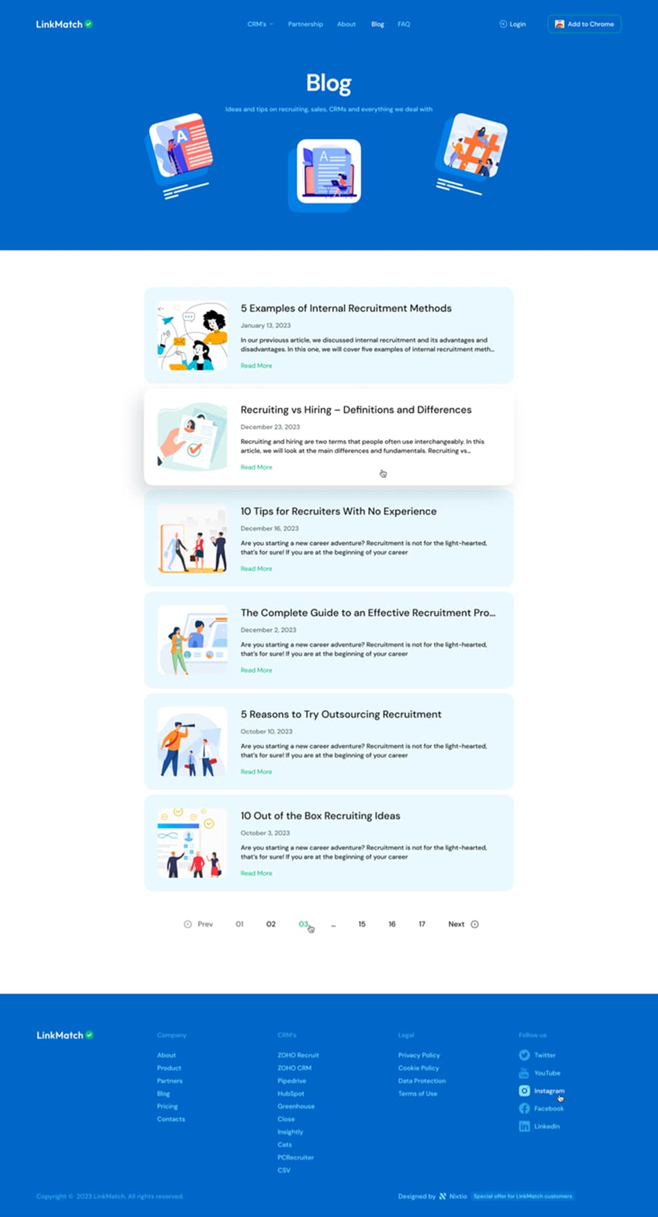 LinkMatch blog listing recruitment articles including internal recruitment methods, hiring definitions, and recruiter tips