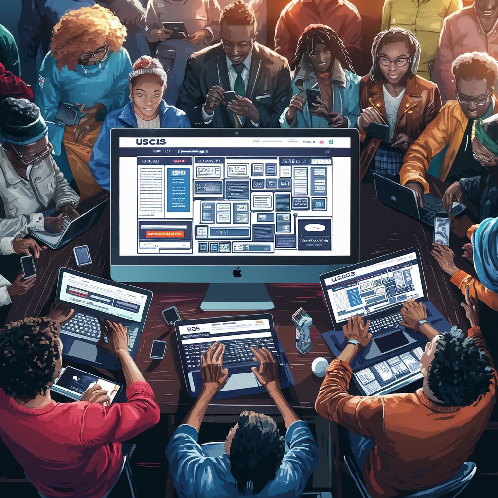 A dynamic image featuring a computer screen displaying the USCIS website homepage, surrounded by a diverse group of users accessing the site on multiple devices, emphasizing the website's role as a pivotal resource for immigrants seeking guidance and services.
