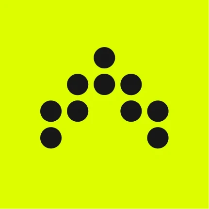 A bright neon yellow square logo with nine black dots arranged in a pyramid-like formation. The dots are evenly spaced, forming a triangular shape, with one dot at the top, followed by a row of two dots, then three dots, and finally three dots at the base.