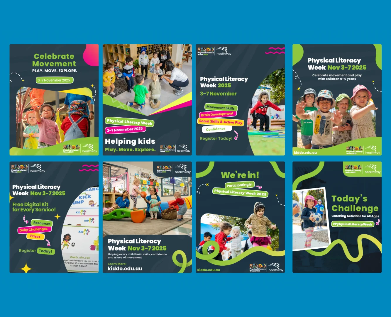 A grid of eight social media tile designs for KIDDO Physical Literacy Week, featuring vibrant blue, green, and pink branding with photos of children engaged in active play.