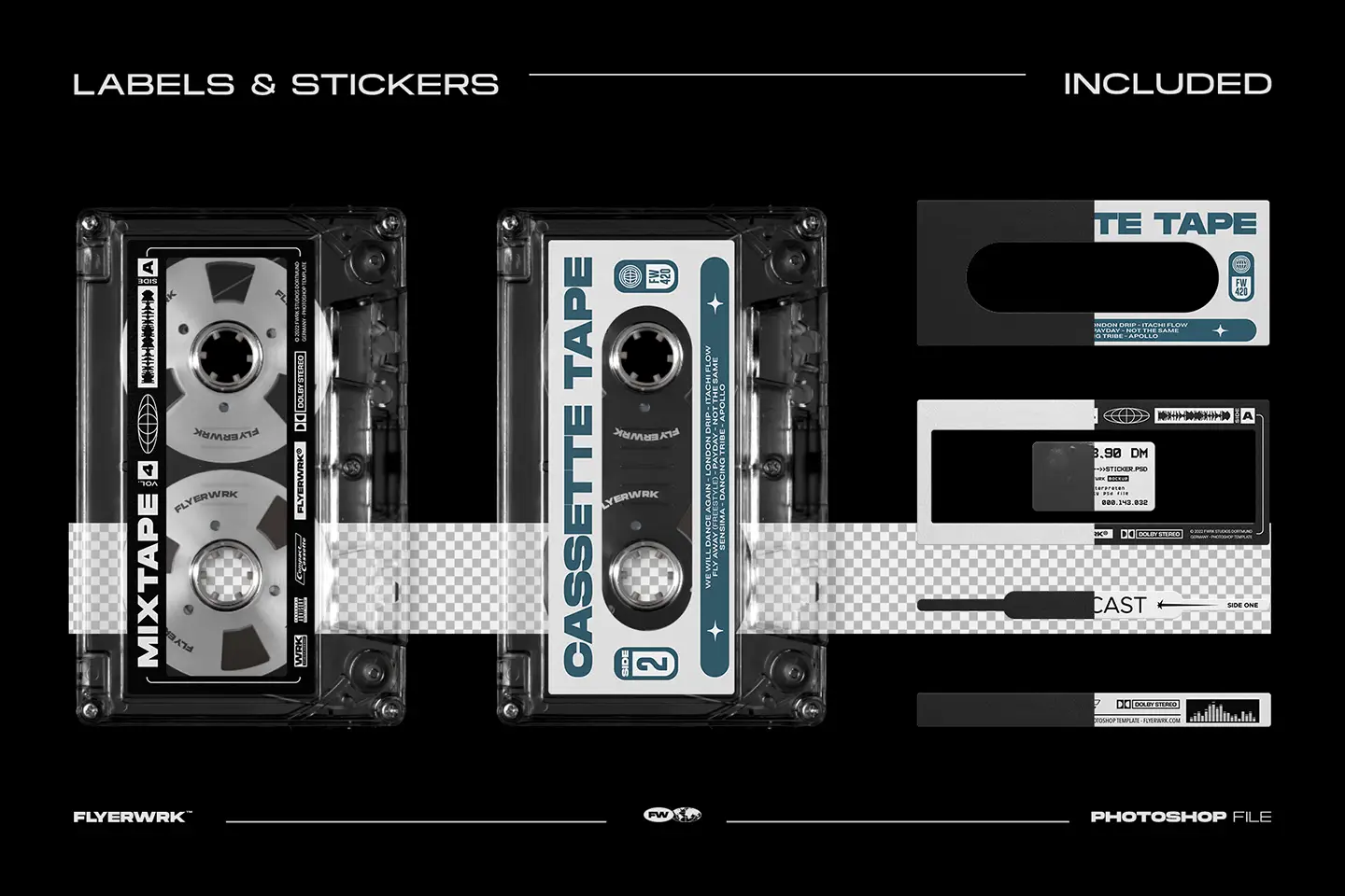 Cassette case mockup label and sticker templates for cassette tape customization