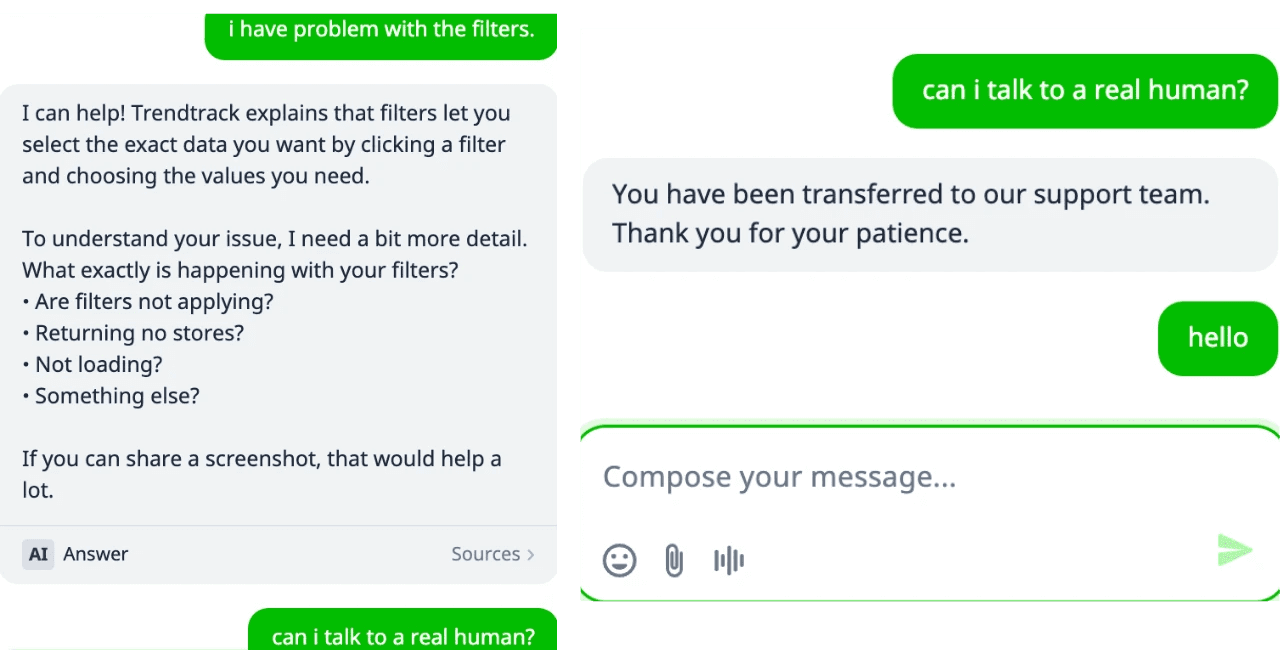 Chat interface showing filter issue conversation and transfer to human support team.