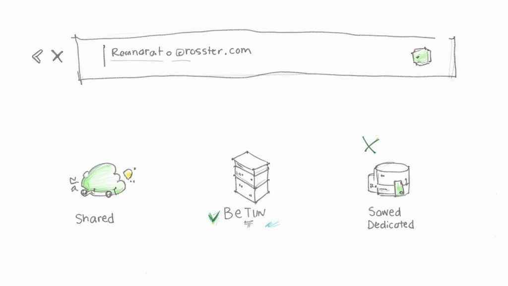 A person choosing between different options for a domain name and hosting, representing the first step in publishing a web page.
