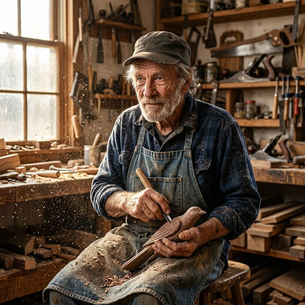 A portrait of an elderly woodworker in a dusty workshop, sunlight hitting wood shavings in the air, deep facial wrinkles, hyper-detailed skin texture, 85mm lens.