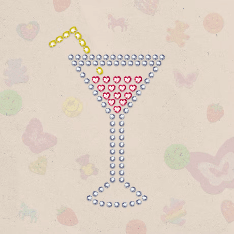 A colorful cocktail glass with a pink drink and a straw, surrounded by pastel butterflies and dots on a light background.