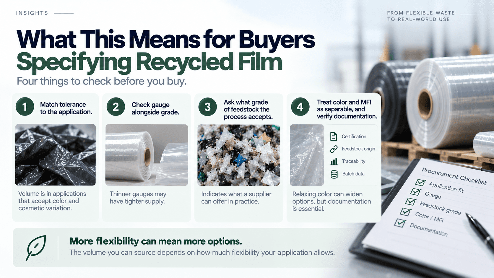 Four checks for buyers specifying recycled film — match tolerance to the application, check gauge alongside grade, ask what feedstock grade a supplier accepts, and treat color and MFI as separable