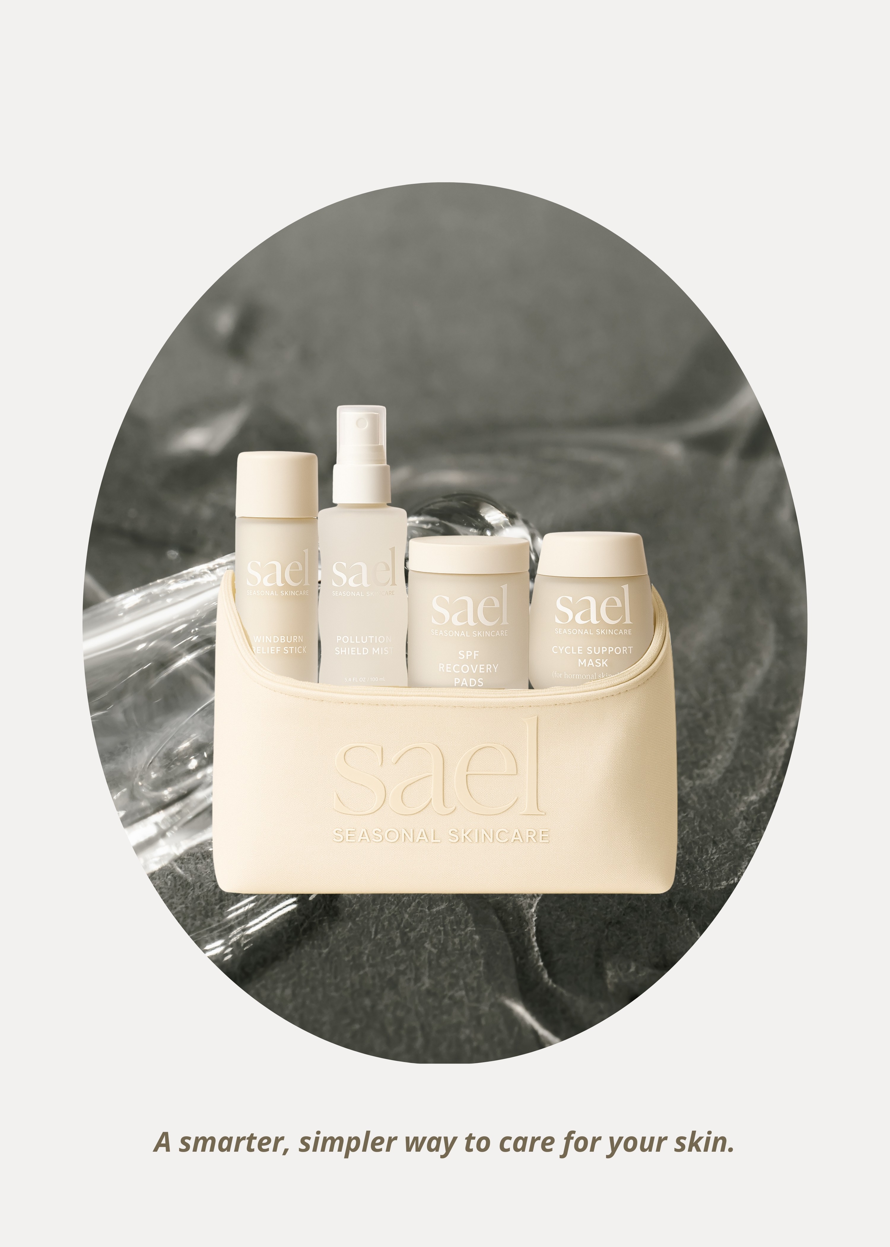 Sael Seasonal Skincare product set displayed in a soft neutral setting, highlighting minimalist, seasonally inspired skincare packaging.