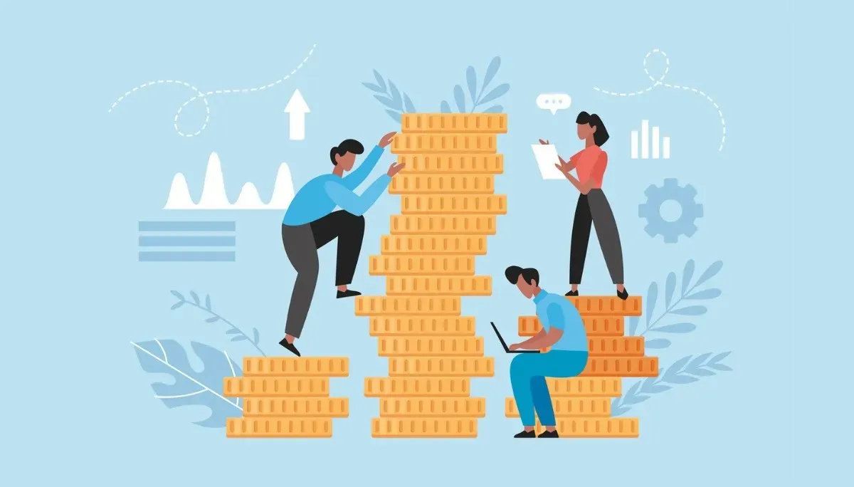 Illustration of three people interacting with tall stacks of gold coins—one climbing a stack, one sitting and working on a laptop, and another reviewing a clipboard—surrounded by abstract charts, arrows, and gears that symbolize financial growth, investment strategy, and the tradeoffs between equity compensation and cash salary.
