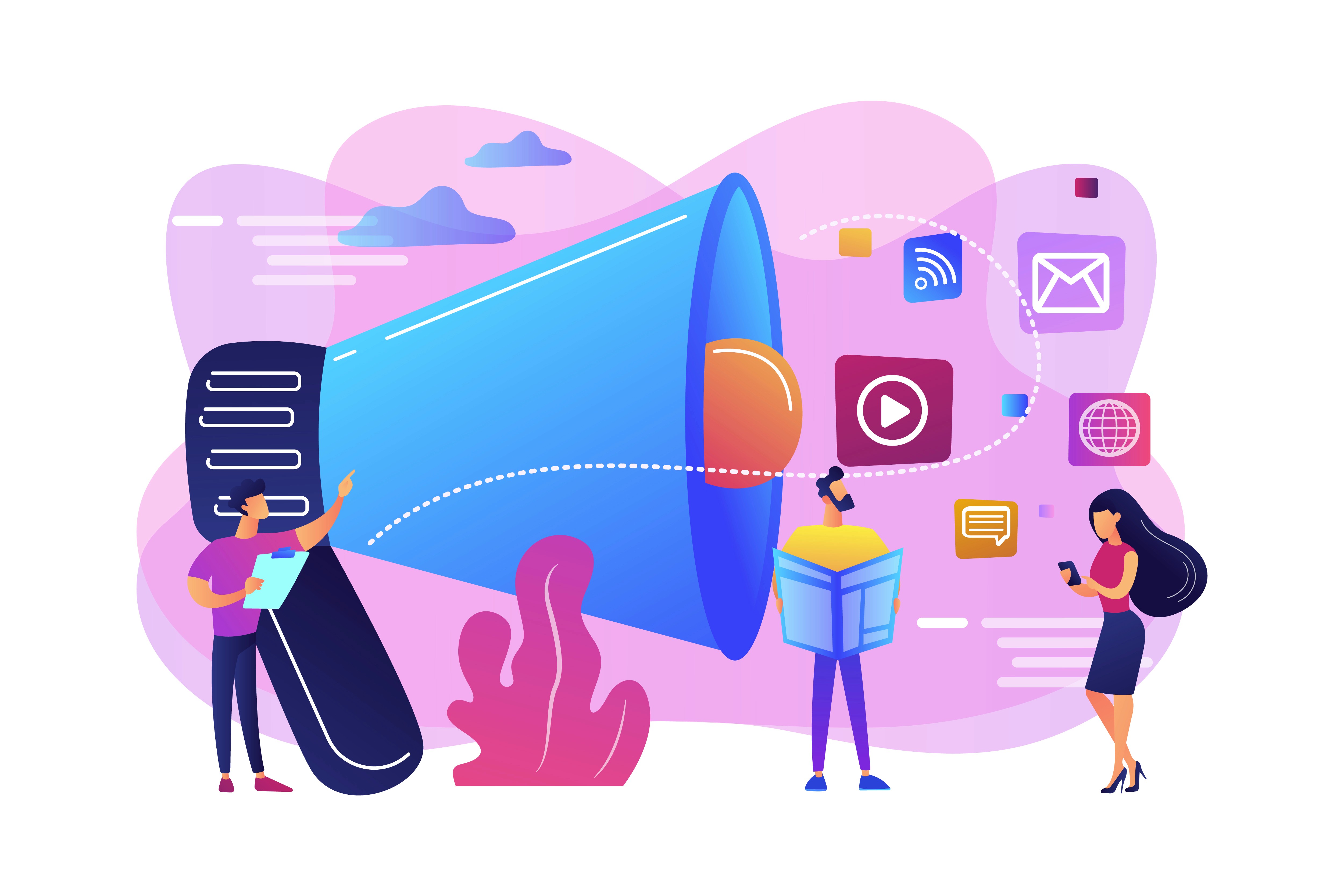 Flat illustration of a marketing team broadcasting a creator campaign across digital channels