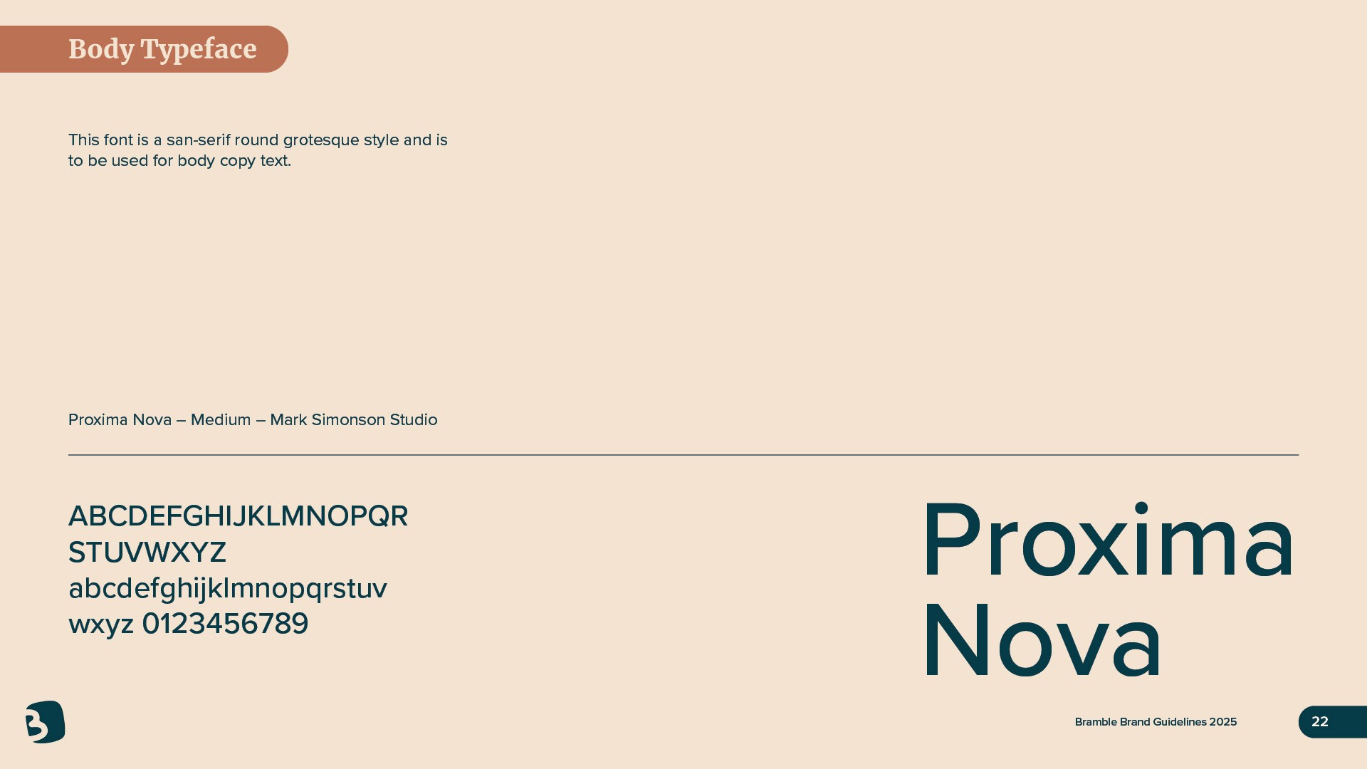 This brand guidelines page specifies Proxima Nova Medium as the official body typeface for the Bramble brand. It is described as a sans-serif, round grotesque style intended for use in all body copy text.
