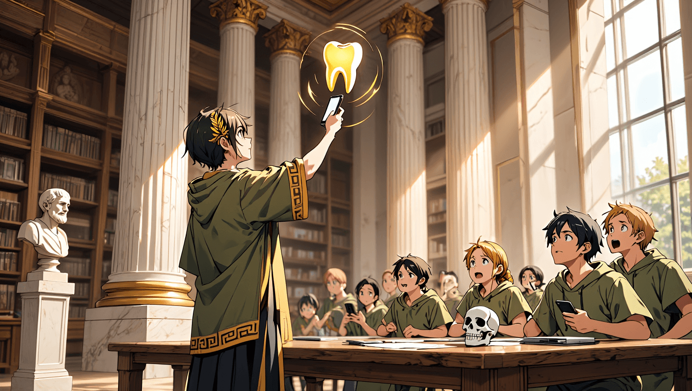 Triumphant dental student on marble desk winning a study tournament, golden sparks forming a molar tooth above his phone