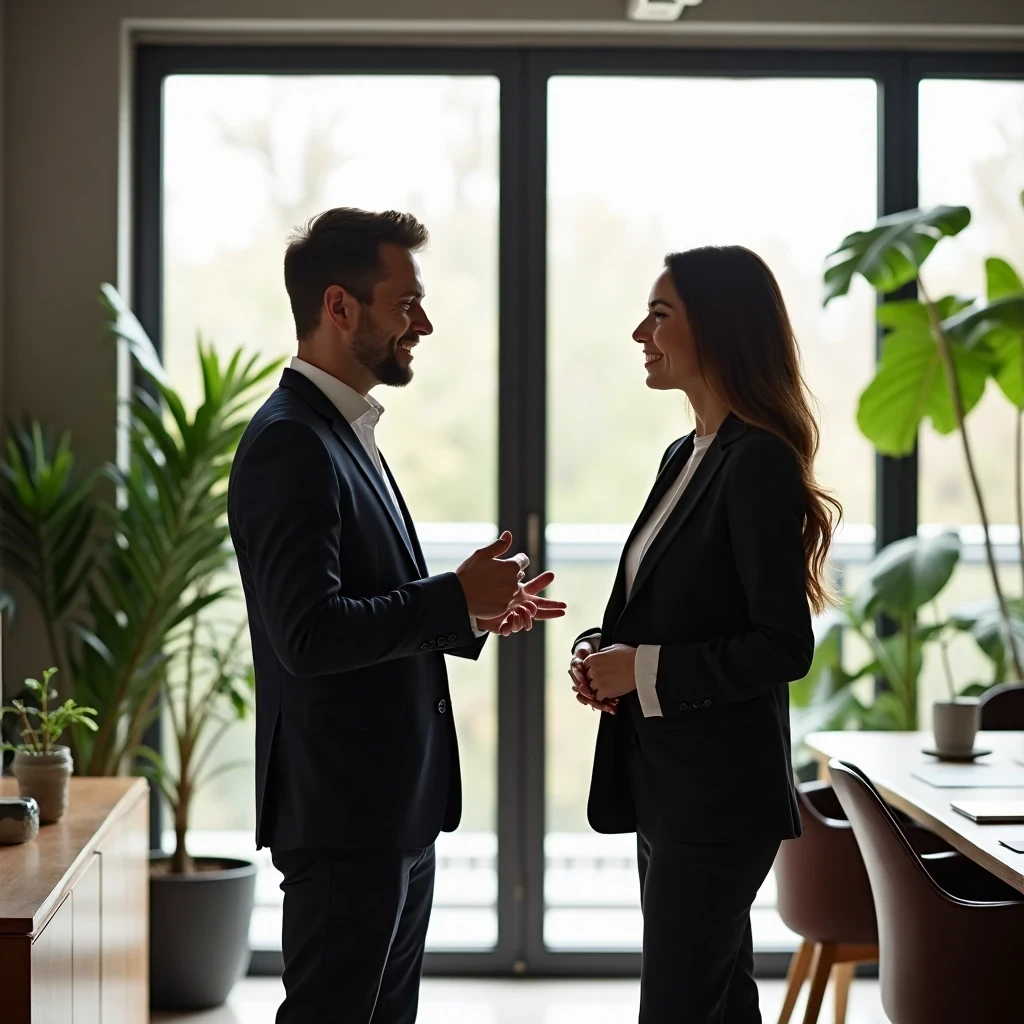 Binôme en train d’échanger dans un espace professionnel sobre