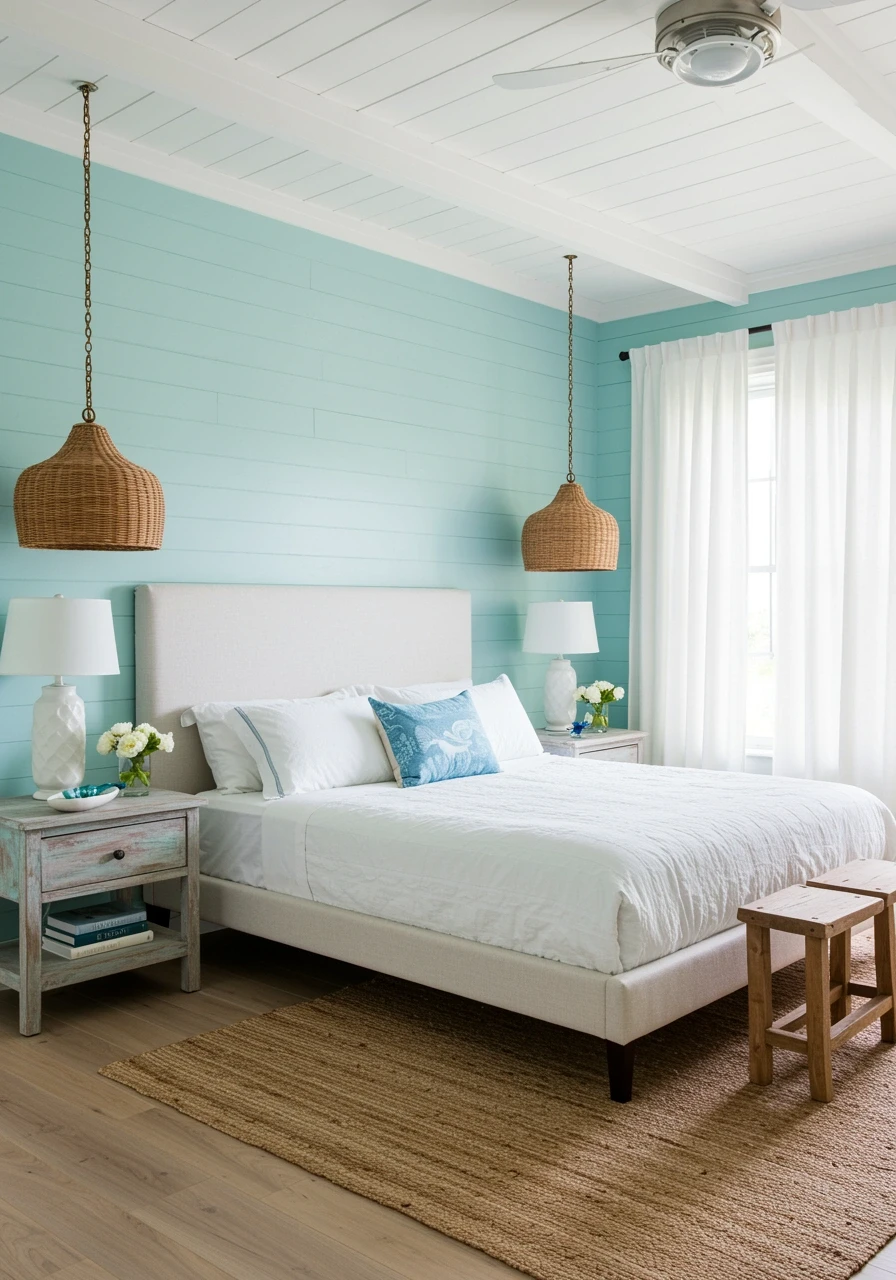 Bright coastal bedroom with aqua shiplap walls, a white upholstered bed, natural wood accents, rattan pendant lights, and airy white curtains, creating a fresh and relaxing retreat.