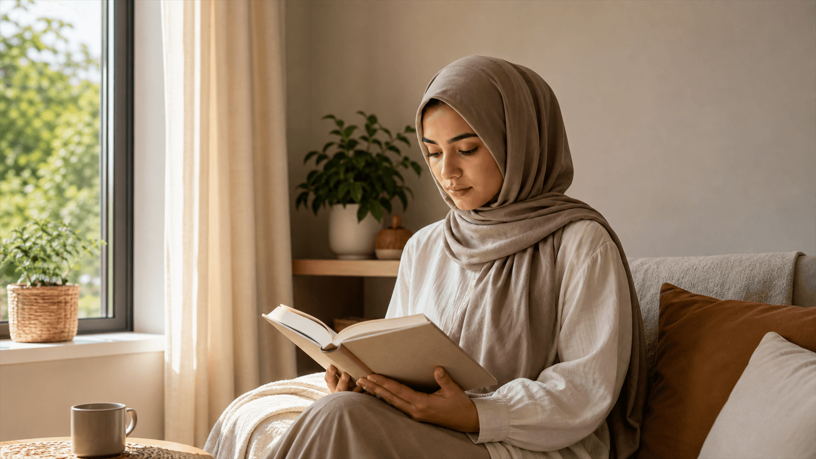 A young Muslim woman reading quietly by a sunlit window at the start of Rabi al-Awwal