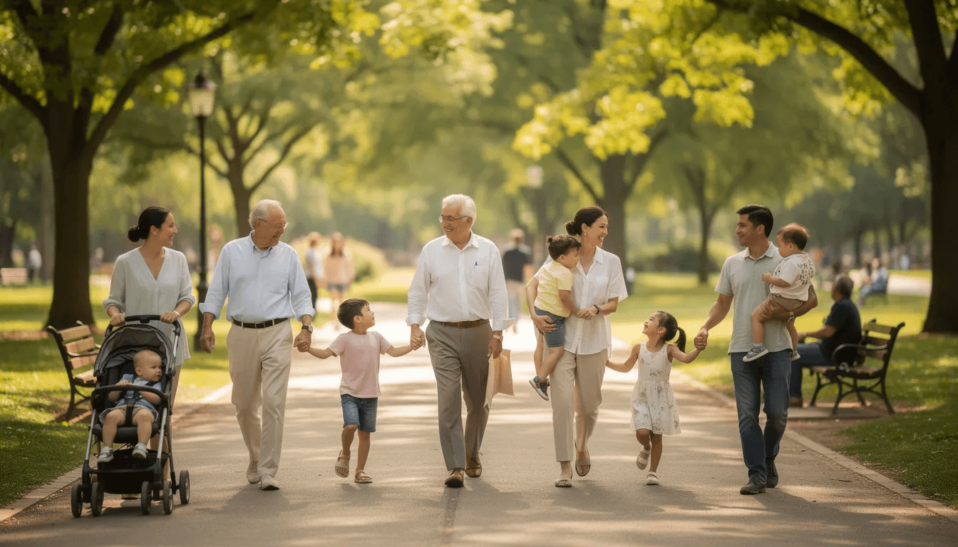 A multigenerational family, including children, parents, and grandparents, is walking together in a sunny park, enjoying each other's company. This scene reflects the importance of familial relationships and the shared experiences that can influence discussions about estate and inheritance taxes in the context of family assets.