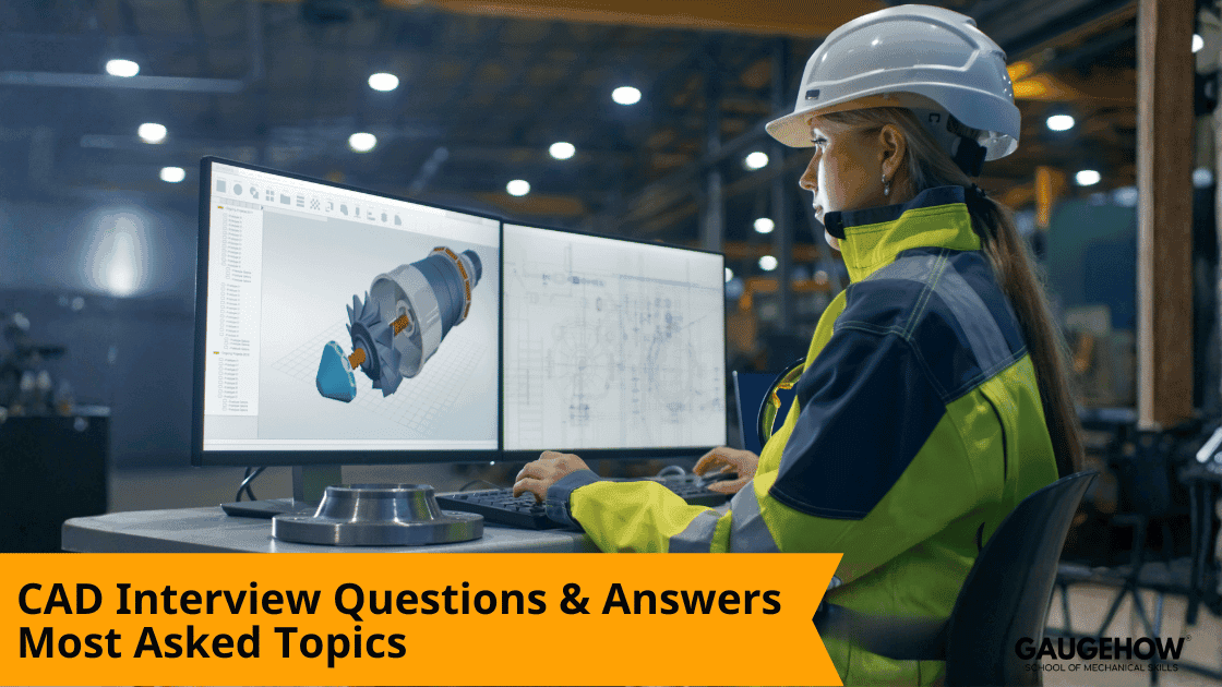 CAD interview questions and answers banner with engineer using 3D CAD software