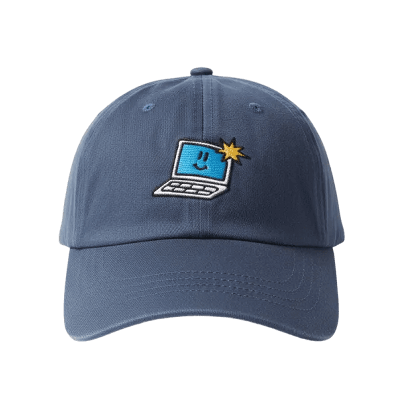 Blue cap with a laptop emoji design on a transparent background