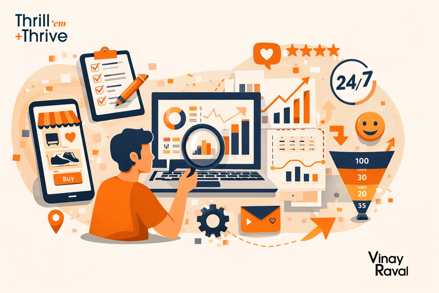 Graphic-of-a-man-using-a-magnifying-glass-to-analyze-data-charts-on-a-laptop-screen-surrounded-by-business-icons-and-a-sales-funnel.