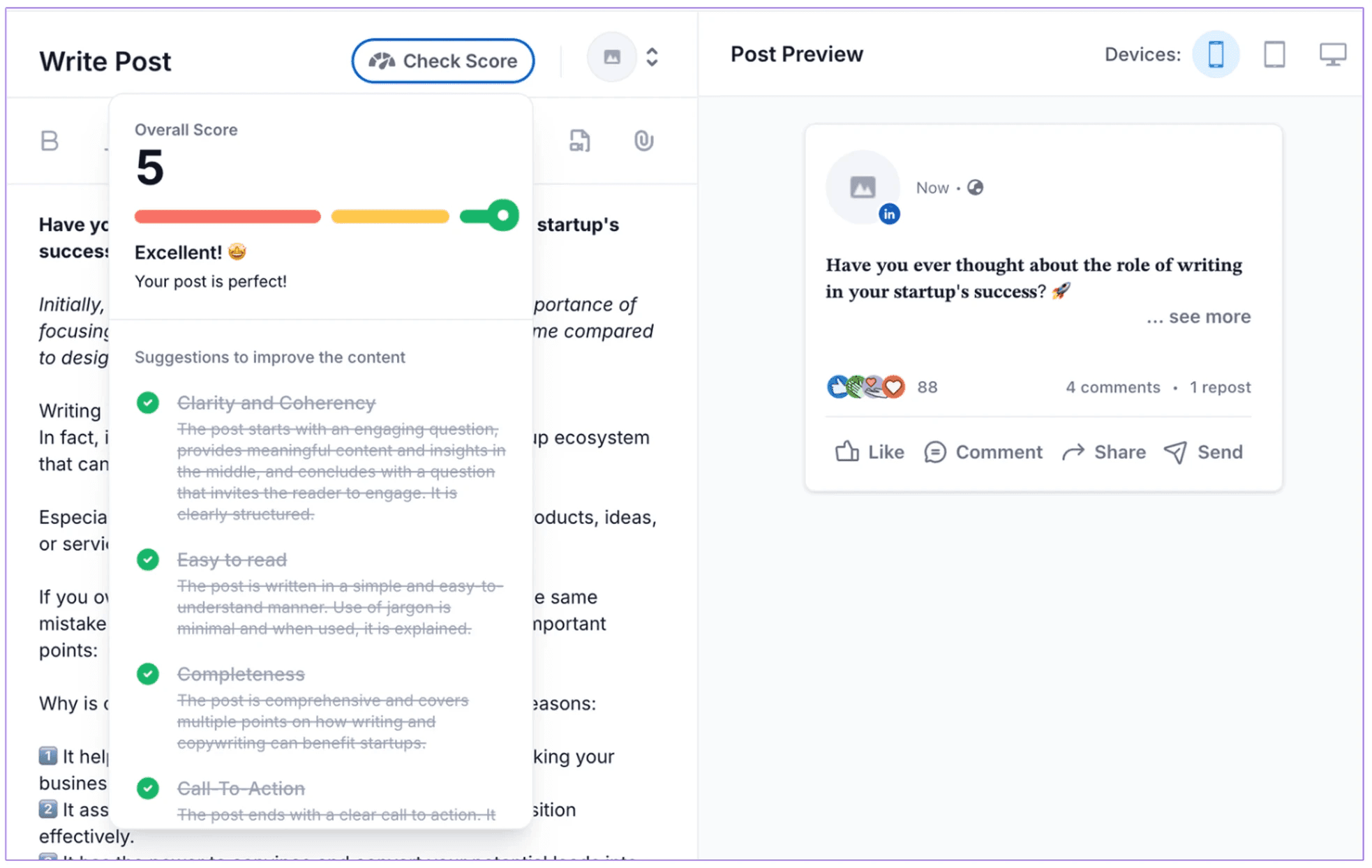 Supergrow's post score feature, displaying a user's LinkedIn's post score, with suggestions on how to improve it