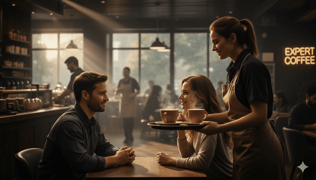 Server placing two cups of coffee on a tray while a couple sits at a table in a warmly lit café interior.
