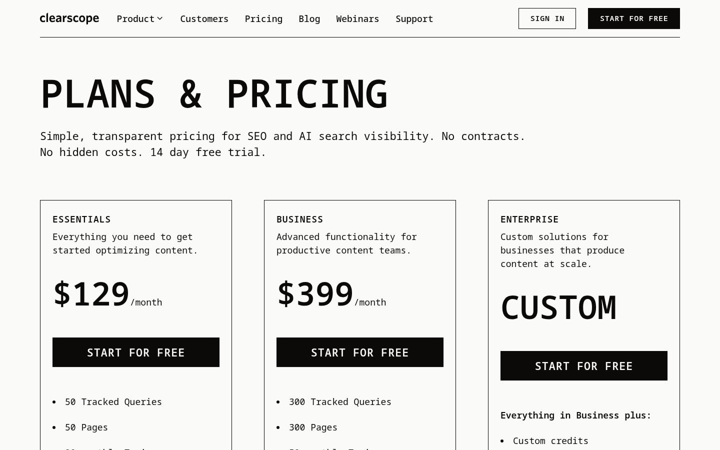 Clearscope public pricing page showing Essentials and Business
