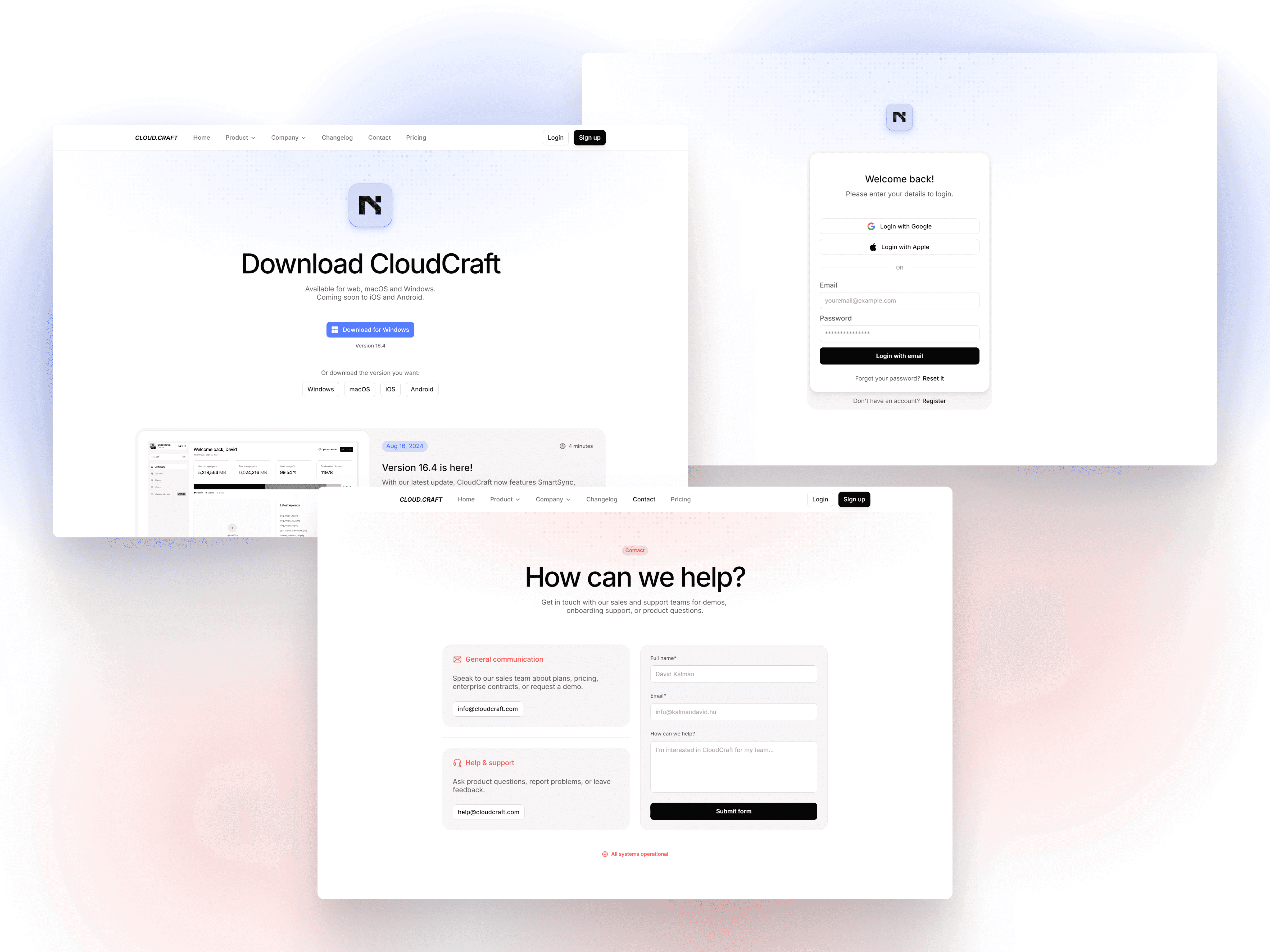 Cloudcraft's sign-in, sign-up, and download pages