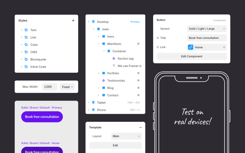 Framer UI panels showing global styles, layer hierarchy, button components, and a prompt to test on real devices.