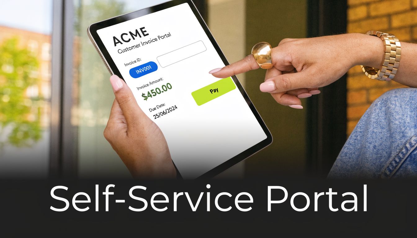 A person using a digital tablet to view and pay an online invoice on a self-service portal.