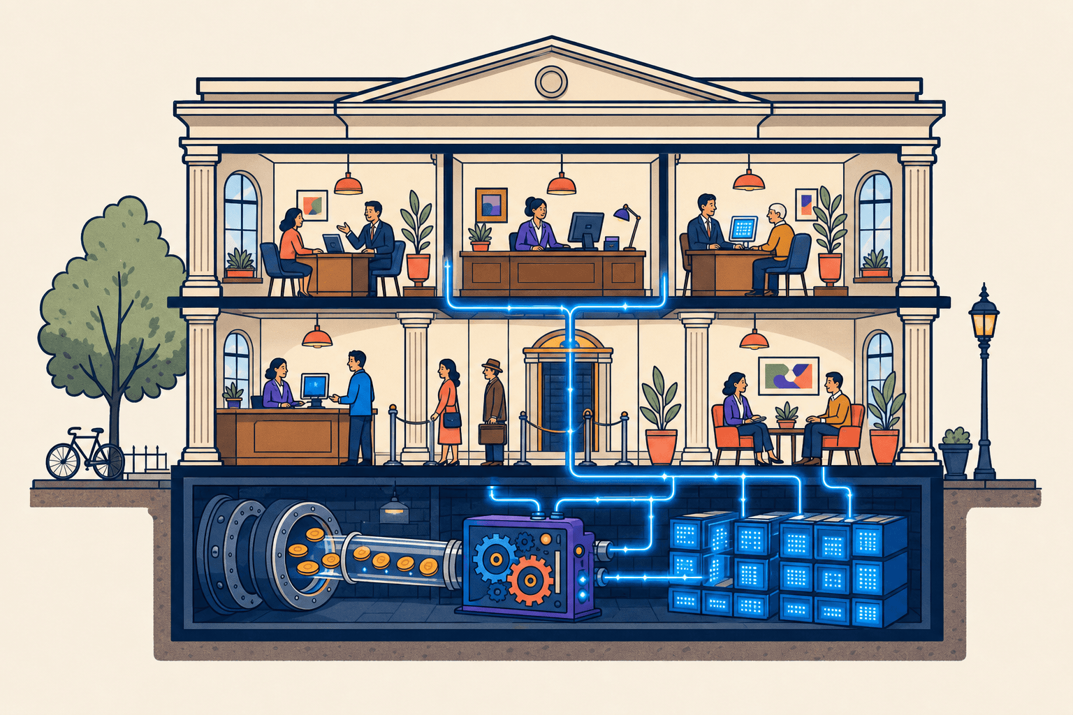 Illustration: Bankgebäude im Querschnitt auf einem Fundament aus Datenblöcken, Münzen fließen durch Rohre in eine Maschine