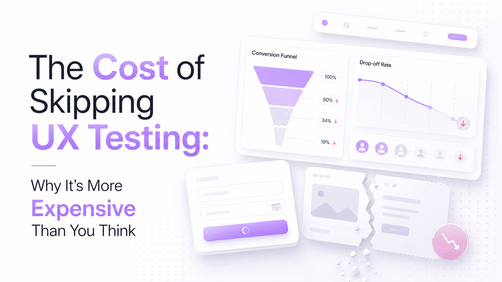 Illustration for a blog on the cost of skipping UX testing, showing dashboard panels with a conversion funnel, drop-off chart, and UI screens to represent lost conversions, usability issues, and expensive post-launch fixes.