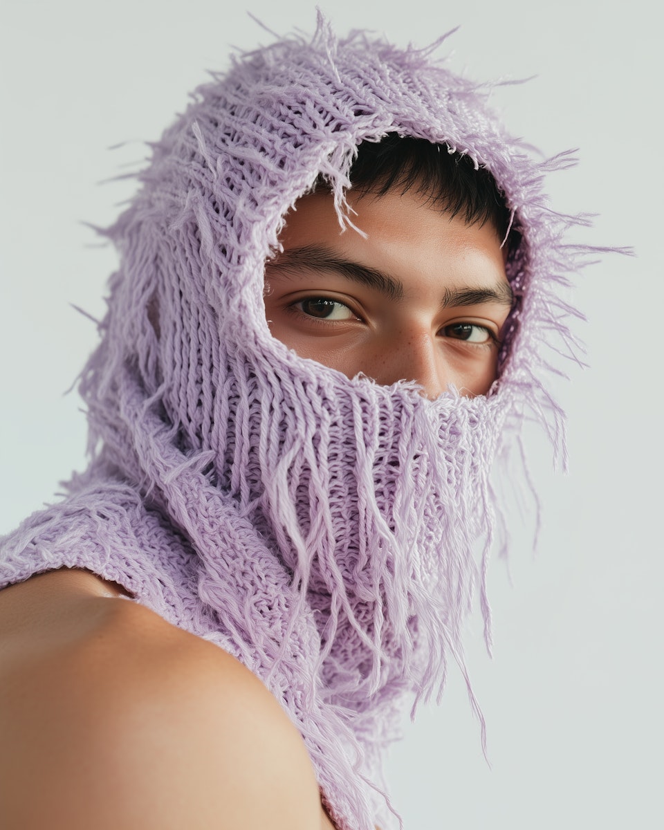 Close-up of a person in lavender knit mask, portraying mystery, softness, and individuality — perfect for showcasing creative identity in the Frysta Framer Template.