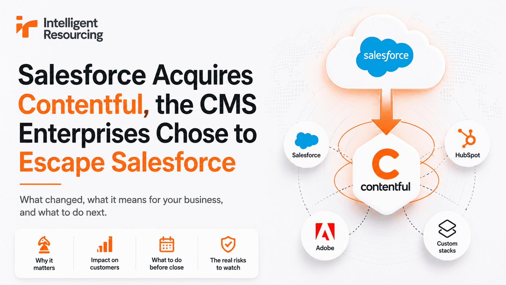 On 1 June 2026, Salesforce signed a definitive agreement to acquire Contentful, the API-first headless CMS used by more than 4,800 enterprises to deliver digital experiences across every channel. The announcement drew the usual applause and the stock jumped 10%. The irony is sitting right there in the press release, and nobody seems to want to say it: Contentful's entire appeal was that it was not owned by a platform like Salesforce. Why Enterprises Chose Contentful Contentful was built on a problem that was costing enterprises real money. Traditional CMS platforms were monolithic, tying your content directly to a presentation layer, which meant a separate system for your website, your mobile app, your kiosks, and every other channel you needed to serve. The headless model solved this by decoupling content from presentation entirely, giving teams the ability to author once and publish everywhere without depending on any single vendor's front-end decisions. That structural independence is why Contentful became the default. It handled 180 billion API calls per month across 47,000 websites, built a developer community of 550,000, and earned trust precisely because it played well with everything and answered to nobody.  What Salesforce Actually Bought Salesforce needed a content engine for its Headless 360 initiative, one that was API-first and composable, and Contentful fits the brief exactly. Agentforce, which recently crossed $1.2 billion in ARR with 8,000 deals closed, needs to query, assemble, and deliver content dynamically, and a native structured content layer makes that meaningfully more capable. The strategic fit is real, but the lens through which Contentful customers need to read this deal is not the product announcement, it is the acquisition history. Acquisition Year Price Original appeal Post-acquisition reality Tableau 2019 $15.7B Vendor-neutral data visualisation Cross-sell in 9 of top 10 Salesforce deals Slack 2020 $27.7B Independent comms, not Teams "Primary engagement surface" for Salesforce products Contentful 2026 Undisclosed Platform-neutral headless CMS TBD  Salesforce has been explicit that its goal is to become a one-stop shop for enterprise operations, and every acquisition advances that goal in a predictable way. The independent product becomes a cross-sell vehicle, the developer-first positioning softens, and the pricing adapts to bundle logic rather than standalone competition. What Changes for Contentful Customers Contentful's current standalone pricing is competitive precisely because it exists in an independent market: Free tier for small teams and developers Lite plan at $300/month Premium with unlimited API calls, plus Personalisation, AI Actions, and Studio add-ons Once Contentful lives inside Customer 360, your licence stops being a standalone purchasing decision and becomes a line item in your Salesforce ELA negotiation. The leverage shifts, and it does not shift in your favour. Three things to watch over the next 18 months: Standalone pricing. Bundled options will become commercially more attractive relative to the standalone plan, not because the price necessarily increases, but because the comparison set changes. Roadmap prioritisation. Features that deepen Agentforce integration will get investment. Features that serve non-Salesforce customers will get maintained first, then deprioritised, then quietly let go. Integration depth as lock-in. The tighter Contentful integrates with Data 360 and Agentforce, the harder it becomes to replace. This is the retention mechanism. It is framed as a customer benefit in every product announcement. What to Do Before the Deal Closes The transaction is expected to close in Salesforce's fiscal Q3 2027, which gives Contentful customers a window to act from a position of choice rather than necessity. The steps are not complicated, but the timing matters. Audit your integration surface now. Document every connection between Contentful and your non-Salesforce systems before those connections become friction points in a roadmap that prioritises Salesforce-native paths. Understand your contractual position. Your current contract exists with an independent company. Acquisitions typically honour existing agreements, but renewals are a different conversation conducted with a different counterparty. Evaluate alternatives while you have leverage. Sanity, Storyblok, Hygraph, and Contentstack are all actively investing in their independent roadmaps. Assessing them now, from a position of choice, is a fundamentally different exercise from doing so after you have been backed into a corner.  The Part Nobody Puts in the Press Release The headless CMS movement was a direct response to monolithic platform dependency. Enterprises spent a decade ripping apart legacy stacks and rebuilding on composable architecture specifically so they were not beholden to a single vendor's product decisions. Contentful was one of the primary beneficiaries of that movement, chosen by teams who had already lived through what happens when your CMS vendor's priorities diverge from yours. It is now owned by the largest single-vendor enterprise platform in the world. The architecture is still sound. API-first content makes sense, Agentforce genuinely benefits from a structured content layer, and the product will likely improve meaningfully in the short term. But the platform neutrality that made Contentful the safe, composable choice is a feature that will erode over time, and the enterprises who understood that independence as a core part of what they were paying for are right to reassess. The real question is not what the product looks like at close. It is what it looks like at renewal. IR helps B2B revenue teams build signal-led GTM systems that work regardless of which platforms get acquired next. Talk to us.