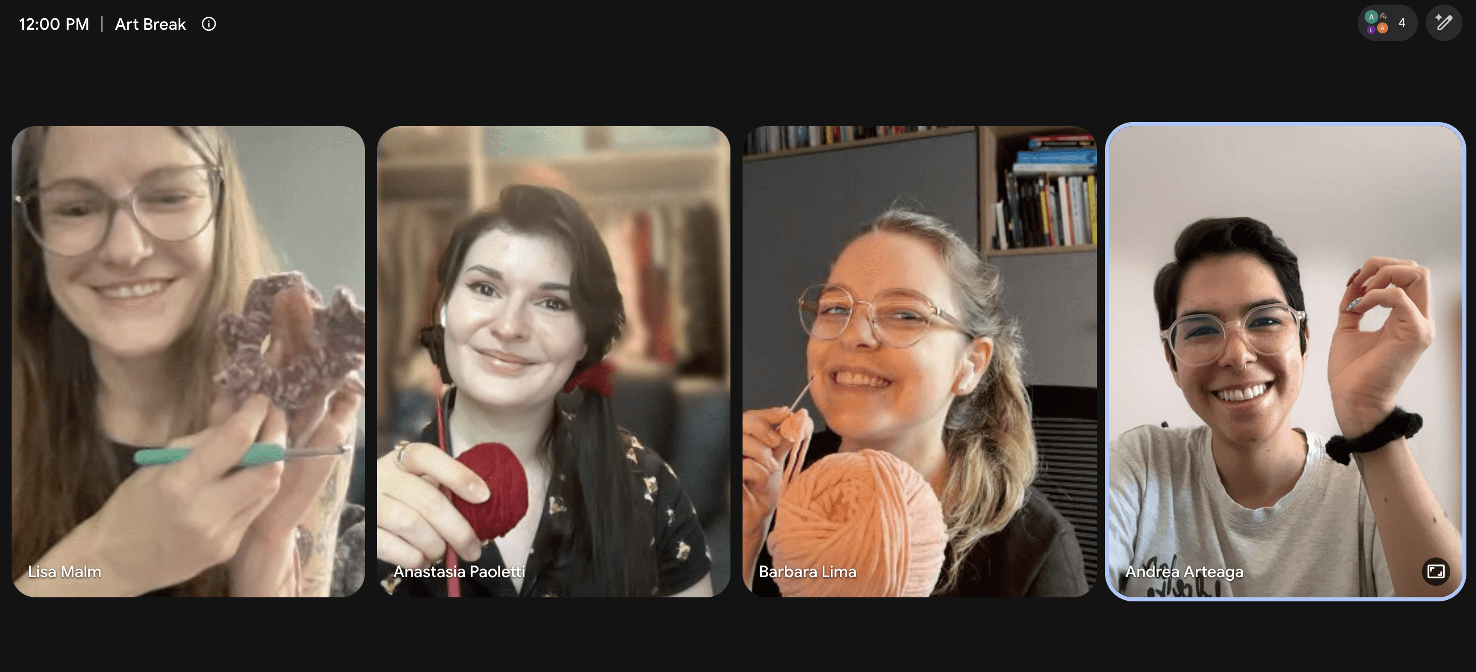 Four Honest Digital employees in a video chat during a monthly Art Club meetup showing off crochet scrunchies.
