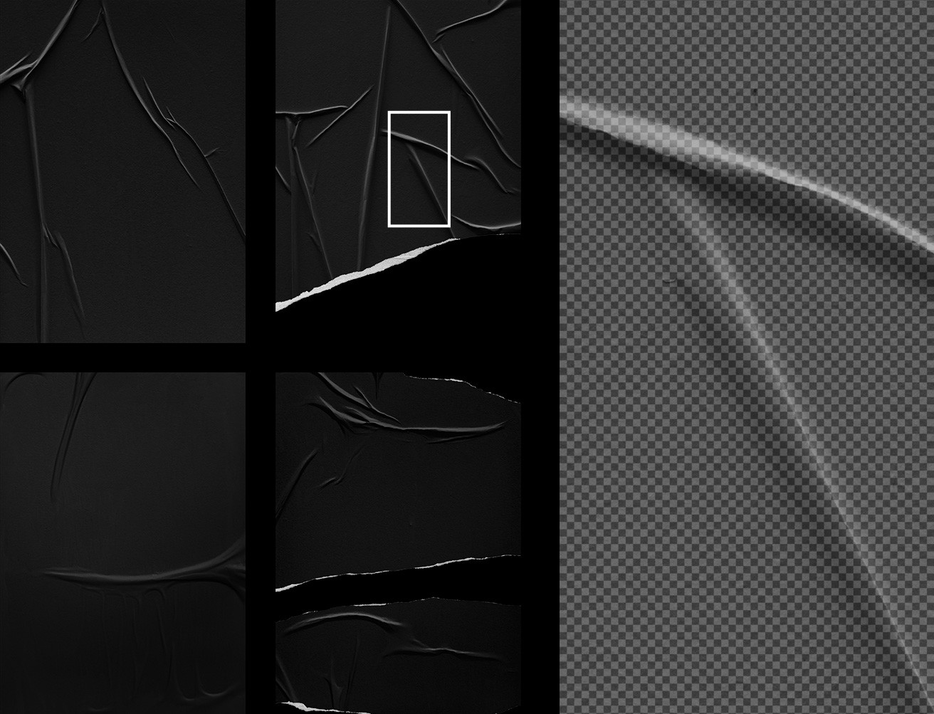 Transparent glued poster textures PNG set with wrinkles folds and ripped paper edges