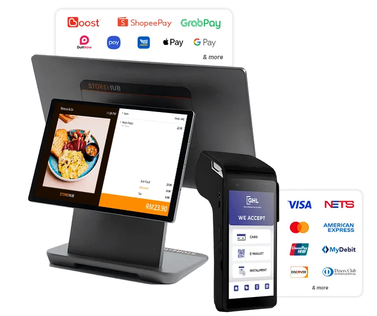 StoreHub POS terminal supporting Visa, Mastercard, DuitNow, Touch ’n Go, and GrabPay payments in Malaysia.