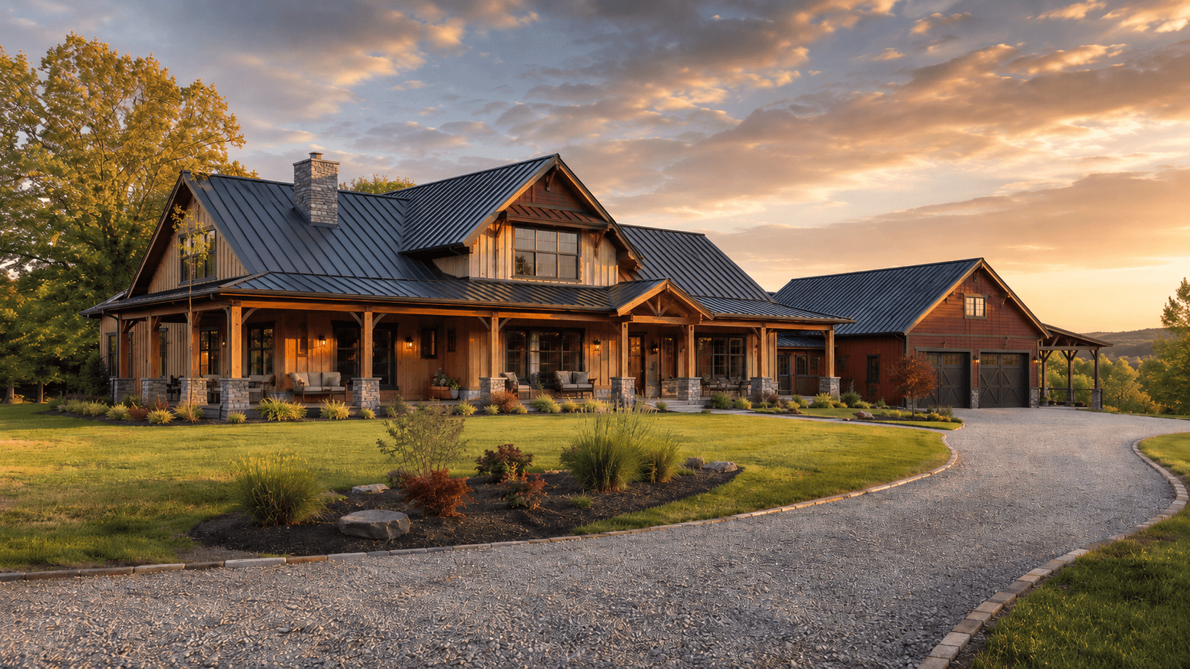Luxury custom barndominium home with metal roof, wood siding, stone accents, wraparound porch, and attached garage on a landscaped Carolina property.