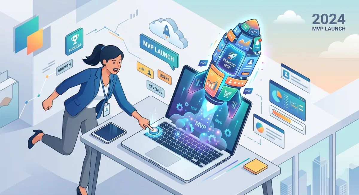 Isometric illustration of a startup founder launching a minimum viable product, app screens lifting off from a laptop.