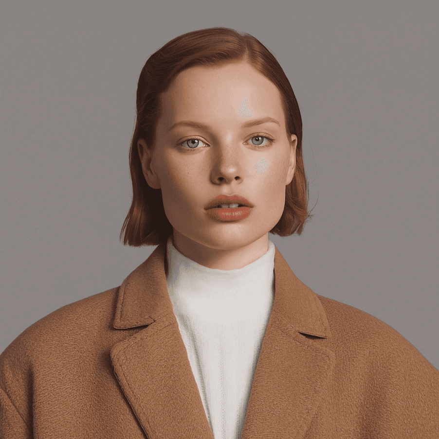A person with short, red hair wears a tan coat and a white turtleneck, gazing confidently. The background is a neutral gray, creating a calm, professional tone.