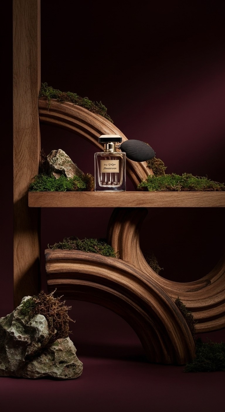 Premium AI product render of a fragrance bottle on a rustic wooden shelf with architectural arches and moss accents