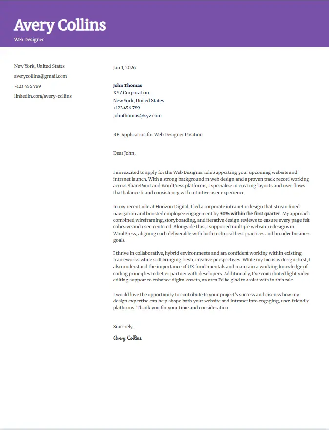 Cover letter example for web designer
