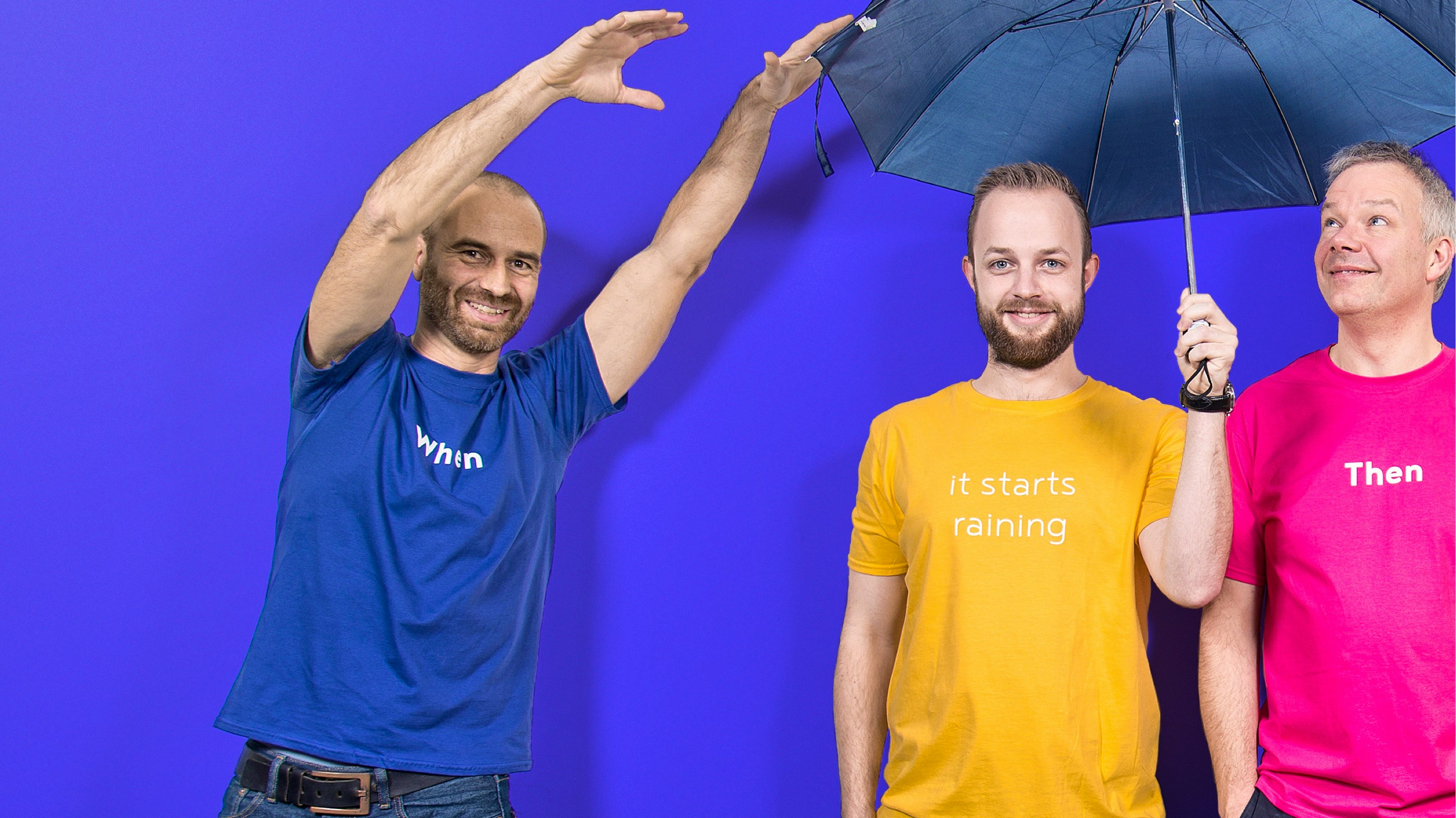 Triggi / Olisto — three team members from Olisto standing next to each other with bright shirts against a blue background — Soda Studio case study