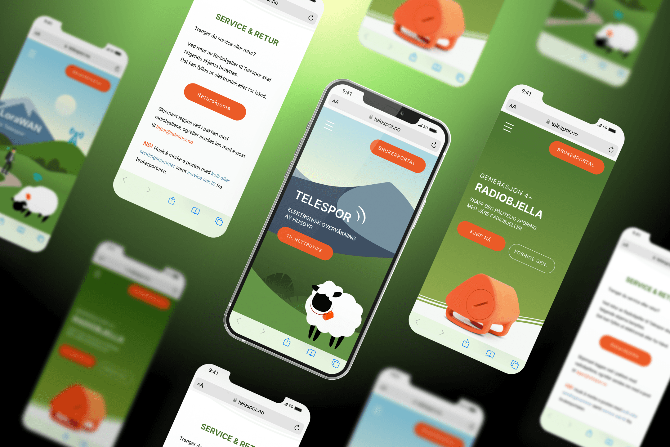 Screenshots of mobile screens of the new design pages on a green background
