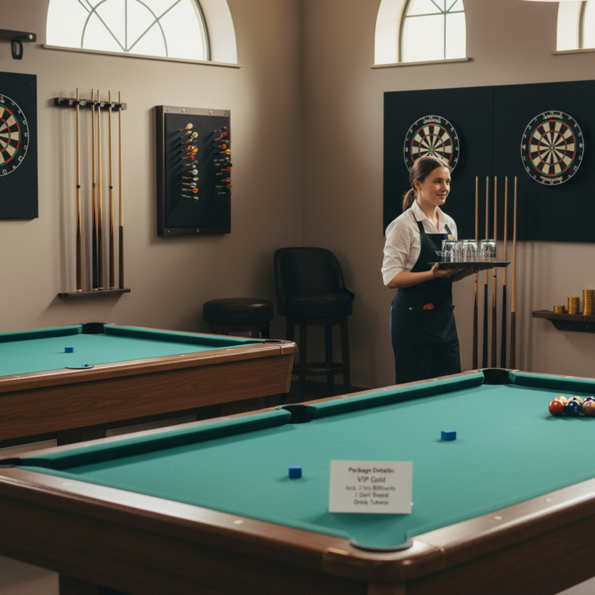 In einer separaten Ecke stehen zwei Billardtische nebeneinander, auf einem liegt eine kleine Karte mit Paketdetails. Ein Tablett mit Gläsern wird vorbeigetragen. Gedämpftes Licht und ruhige Farben schaffen eine angenehme Bühne. Man spürt, dass gleich eine Gruppe zusammen startet. Die Vorbereitung wirkt vollständig.